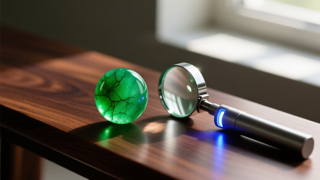 Macro shot of a vivid green jadeite bead beside a gemological loupe and UV flashlight on a dark wooden jeweler's workbench.