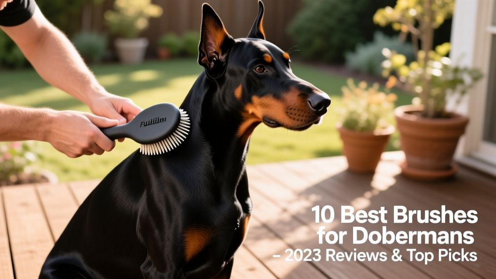 A Doberman sitting calmly while being brushed with a silicone curry brush