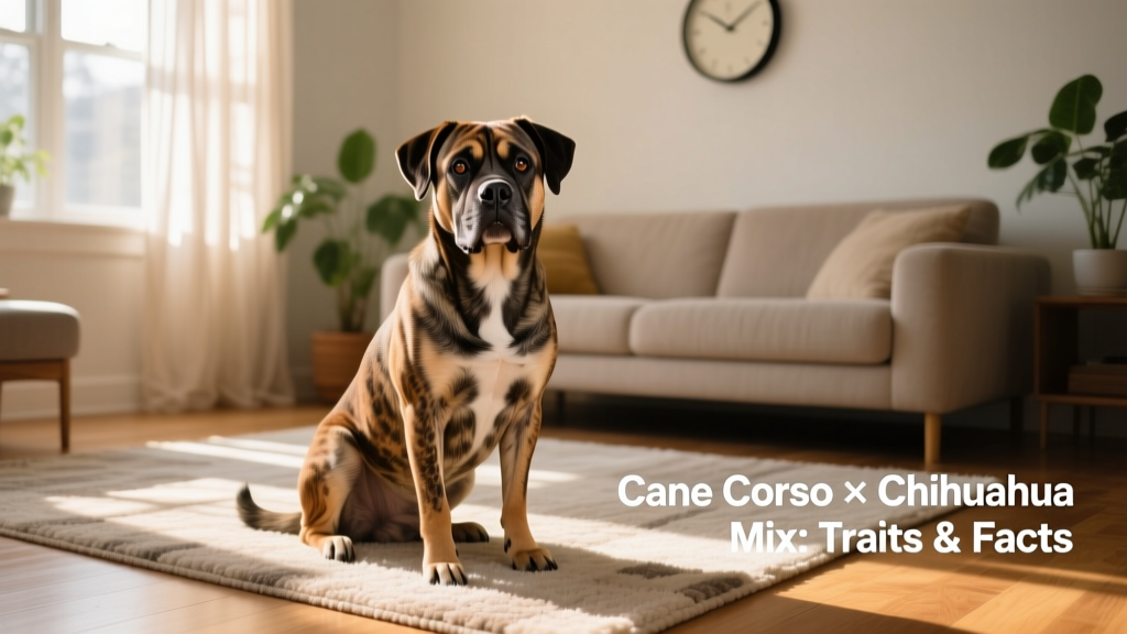 A friendly adult Cane Corso Chihuahua mix sitting calmly on a sunlit living room rug, showing balanced features between both parent breeds