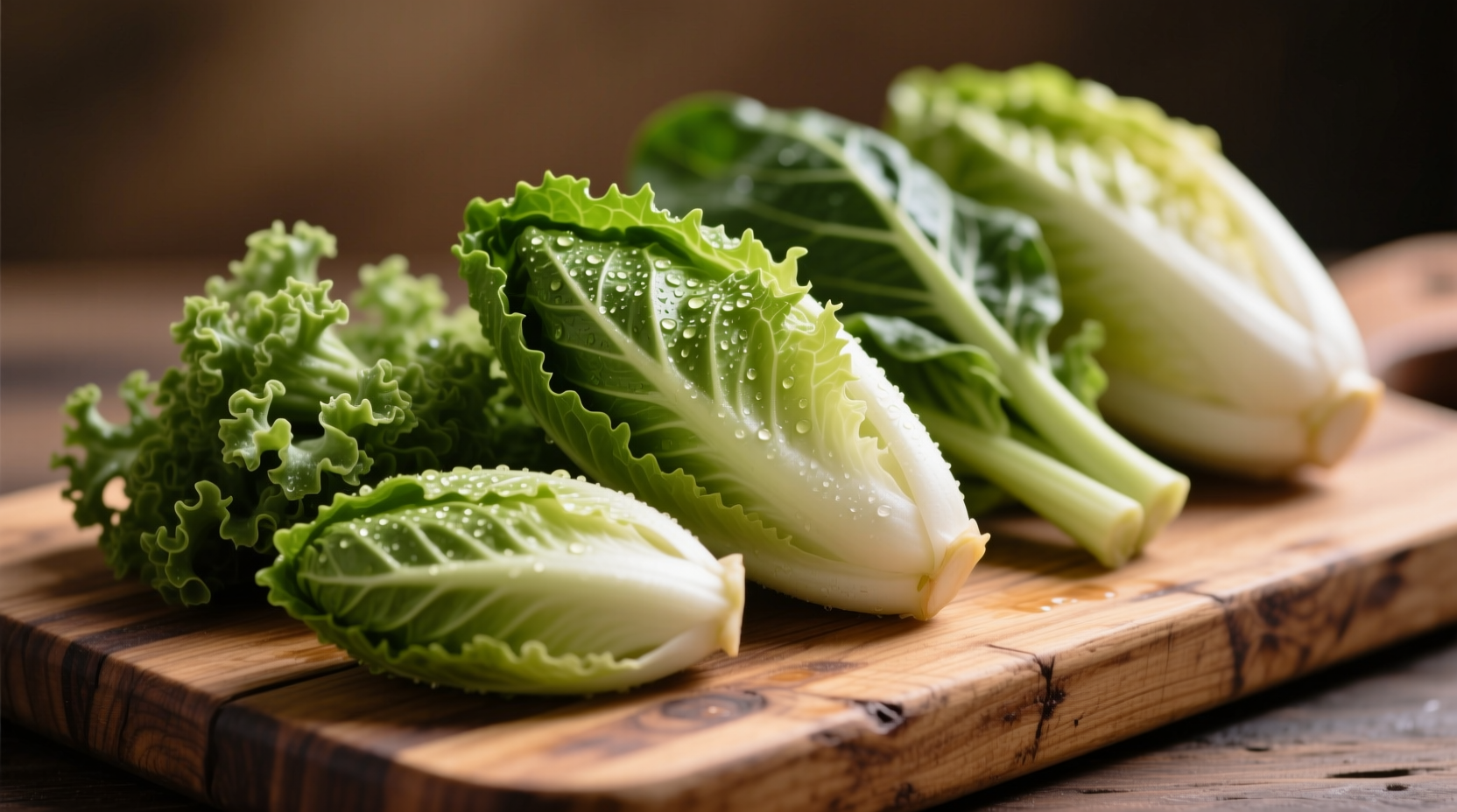 Fresh endive varieties on wooden cutting board