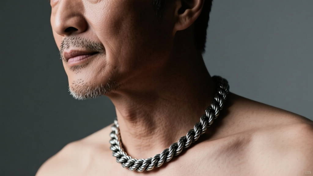 Close-up portrait of a man wearing a 20-inch oxidized sterling silver rope chain resting on his collarbone under studio lighting