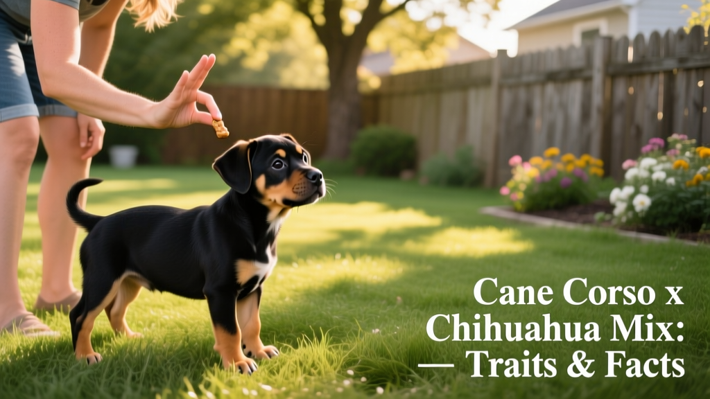 A Corso-Chi puppy engaged in a gentle training session with its owner using treats and hand signals in a grassy backyard