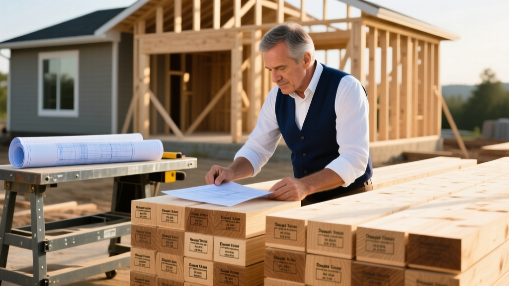Architect reviewing lumber grade stamps on stacked Douglas Fir framing boards at a sunny residential construction site with blueprints