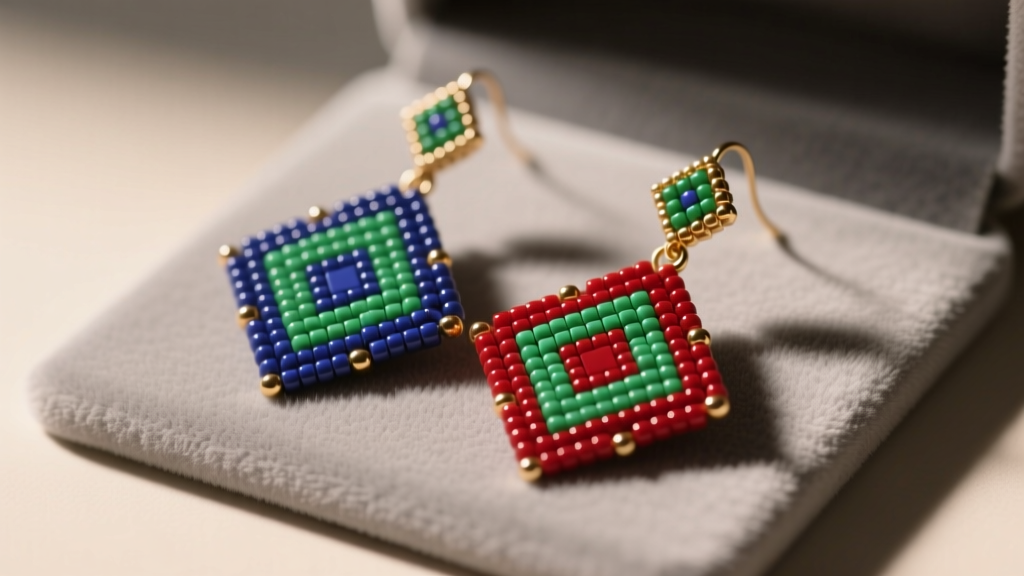Macro shot of intricate peyote stitch seed bead earrings with matte finish resting on grey velvet mat under warm studio light