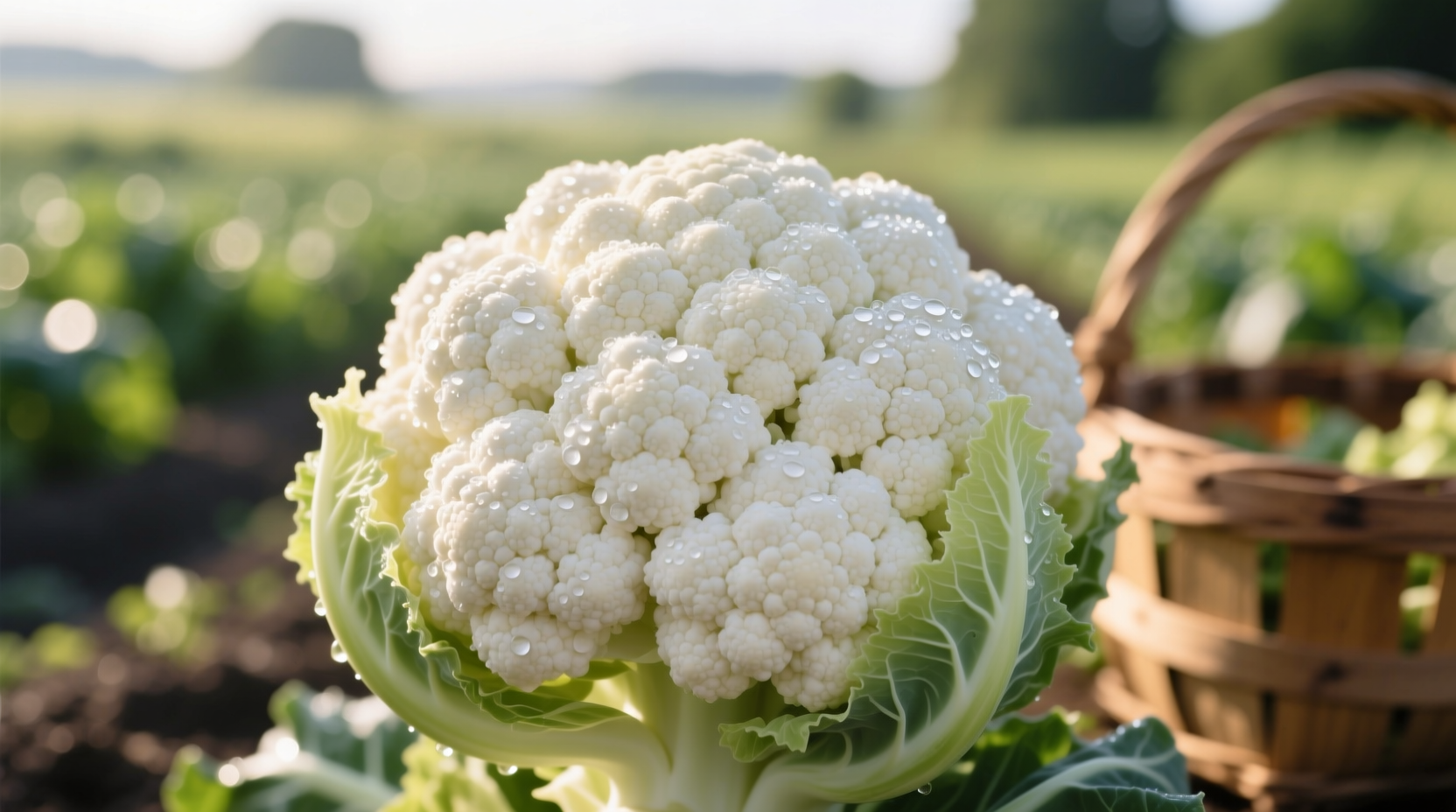 Close-up of perfectly harvested white cauliflower head