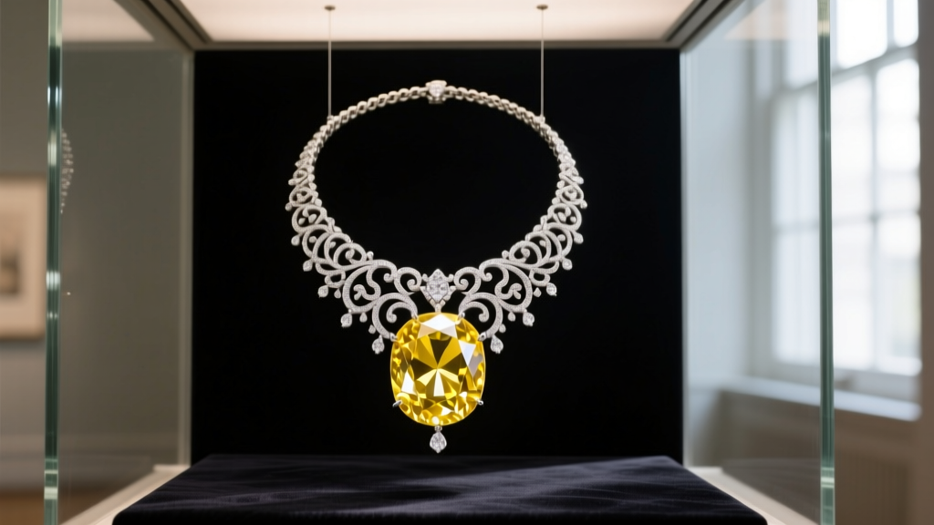 Museum-grade glass display illuminating a massive yellow diamond pendant necklace with platinum filigree against dark velvet