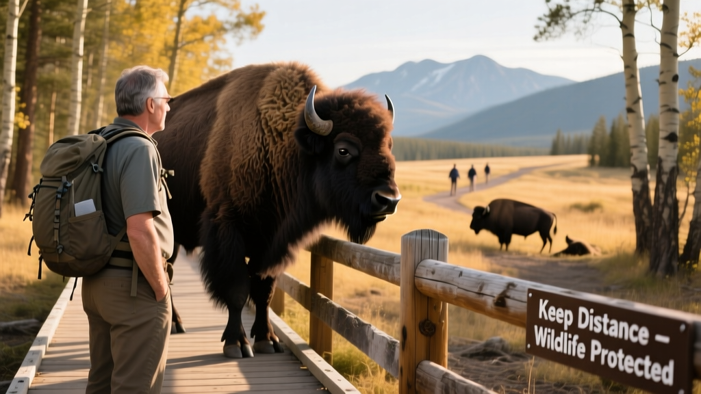 Yellowstone visitor observing bison from a safe distance behind a marked safety barrier along a boardwalk