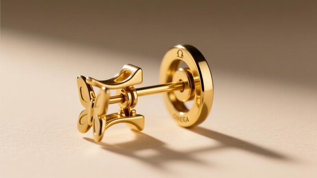 Detailed view of a vintage 1980s Angela Cummings gold omega clip earring back, highlighting the tension hinge and secure clasp.