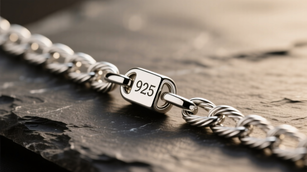 Macro photo of a sterling silver cable chain on dark slate, highlighting a crisp 925 hallmark stamp engraved on the small lobster clasp.
