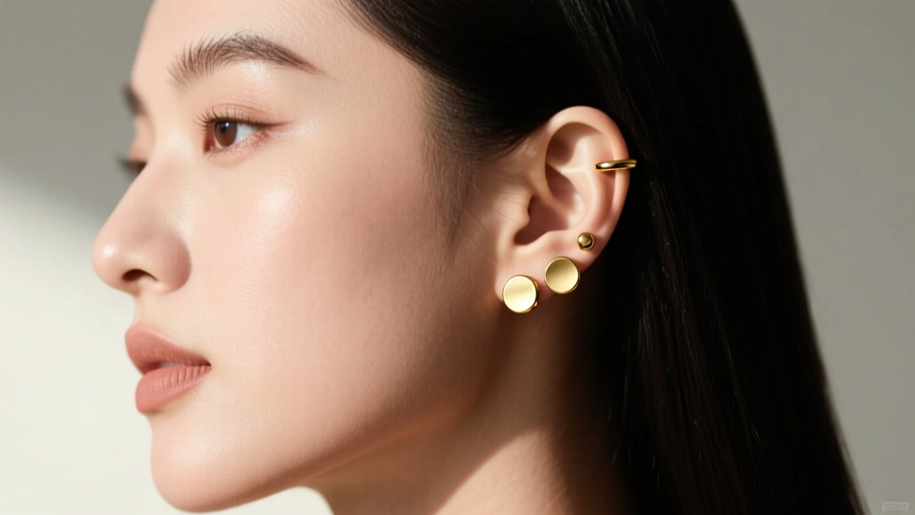 Side profile of a woman showcasing a curated ear stack with three gold flat back studs in her helix and conch piercings.