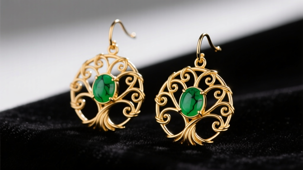 Macro shot of 14k gold tree of life earrings showing intricate wire branches and a bezel-set jade cabochon center on dark velvet