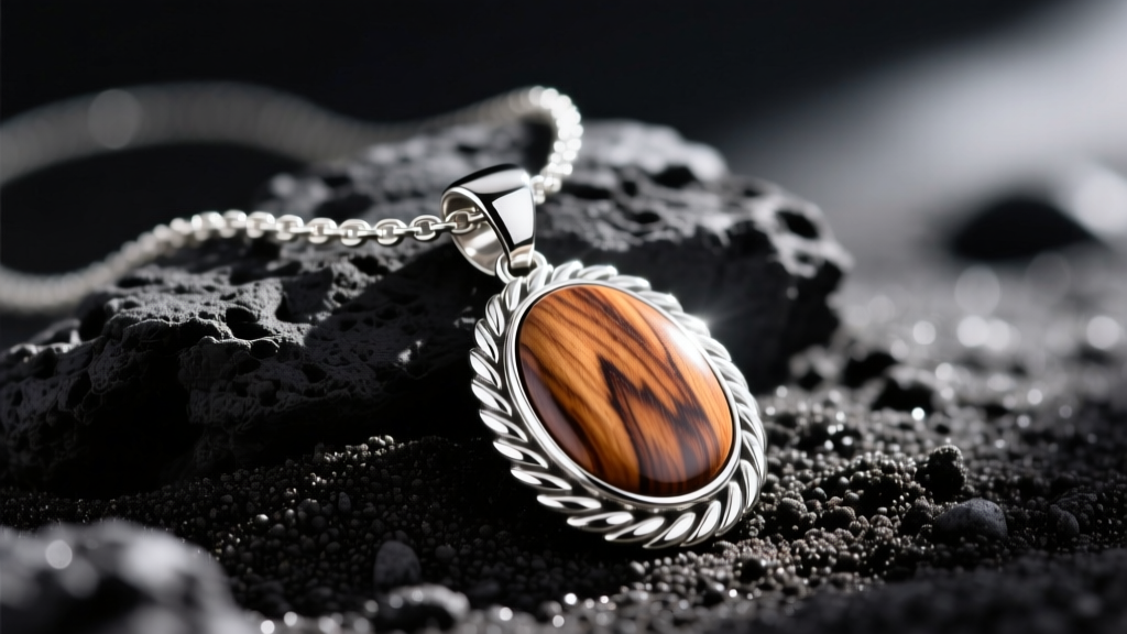 Macro shot of a laid Hawaiian necklace with polished koa wood inlaid into a sterling silver pendant on dark volcanic sand