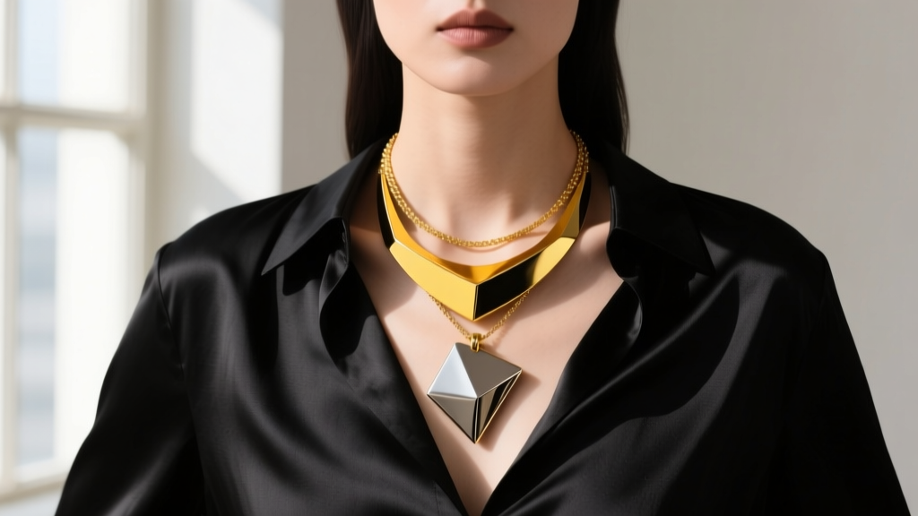 Model wearing a layered clash necklace with a chunky asymmetric titanium and yellow gold pendant resting on a black silk blouse.