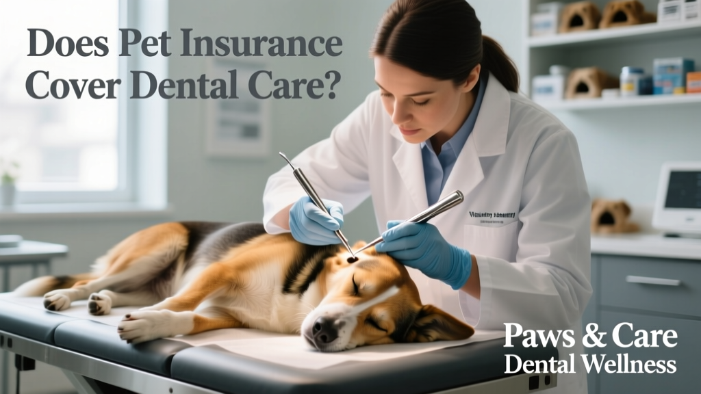 A veterinary technician performing a professional dental cleaning on a calm, sedated dog