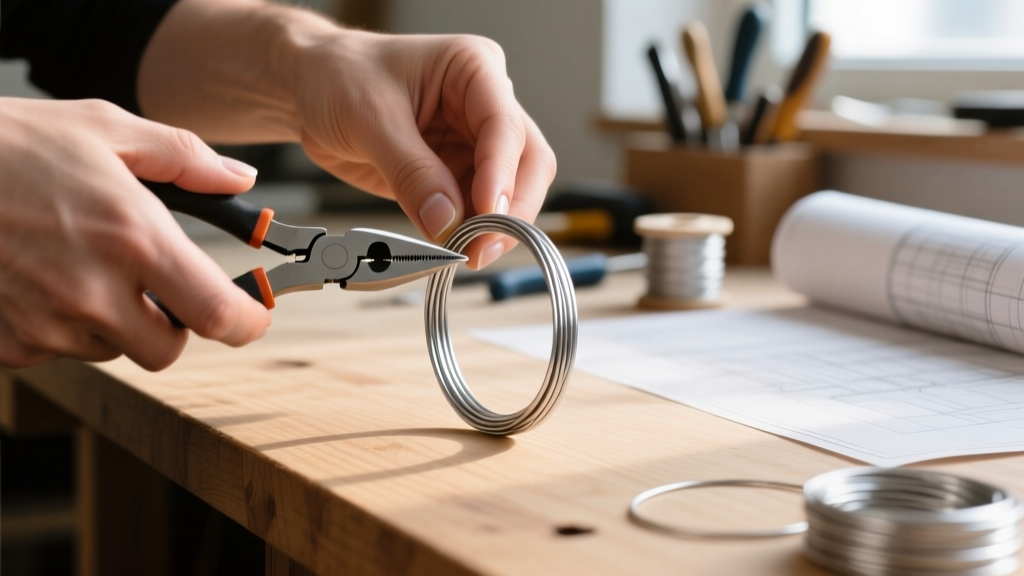 Close-up of hands using nylon-jaw pliers to bend 18-gauge half-hard silver wire into a structural clasp loop on a wooden bench