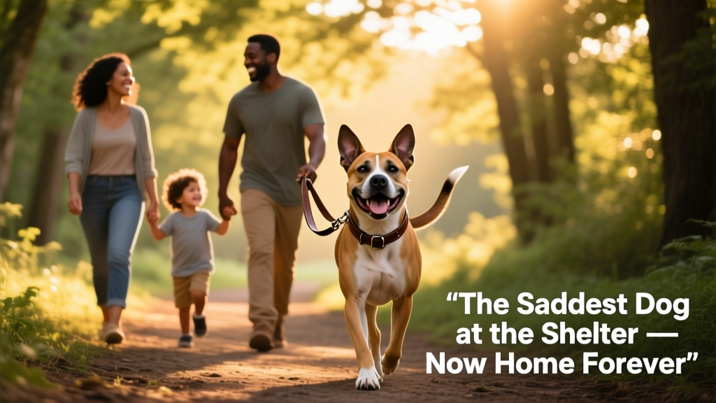 A happy family walking together on a sunlit path, with the newly adopted Pit Bull trotting confidently beside them on a leash