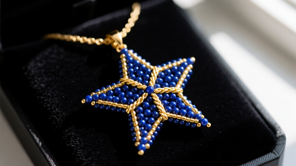 Close-up of a finished brick-stitch seed bead star pendant in midnight blue and gold, resting on a dark velvet display pad.