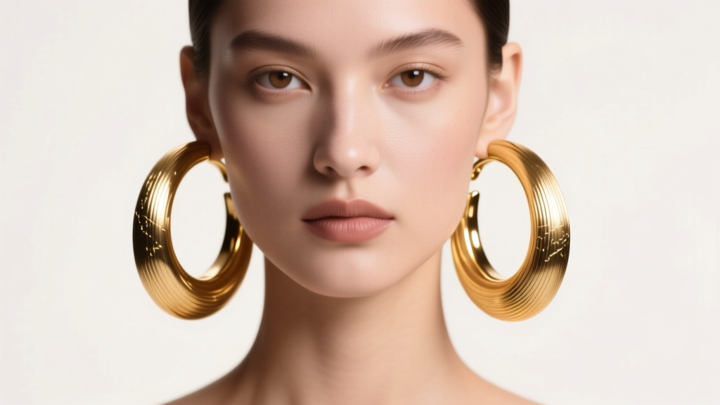 Close-up of a model wearing 80mm hollow 14k gold large earring hoops, soft studio lighting highlighting the brushed metal texture.