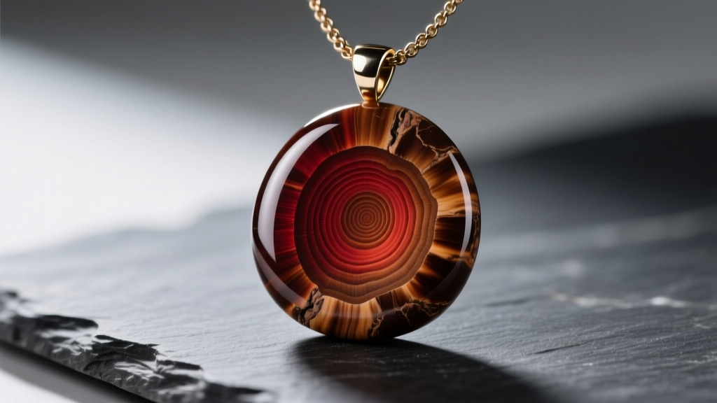Close-up of a polished petrified wood necklace pendant showing rich red and brown tree ring patterns resting on dark slate.