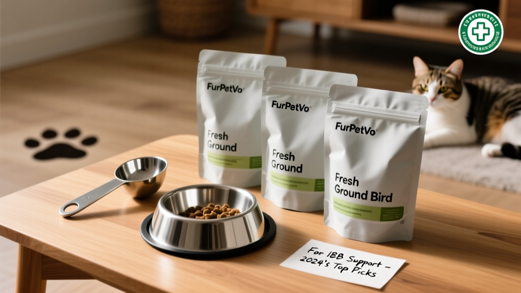 A sleek, modern unboxing of FurPetVo Fresh Ground Bird cat food: vacuum-sealed pouches arranged neatly beside a stainless steel feeding bowl and measuring scoop