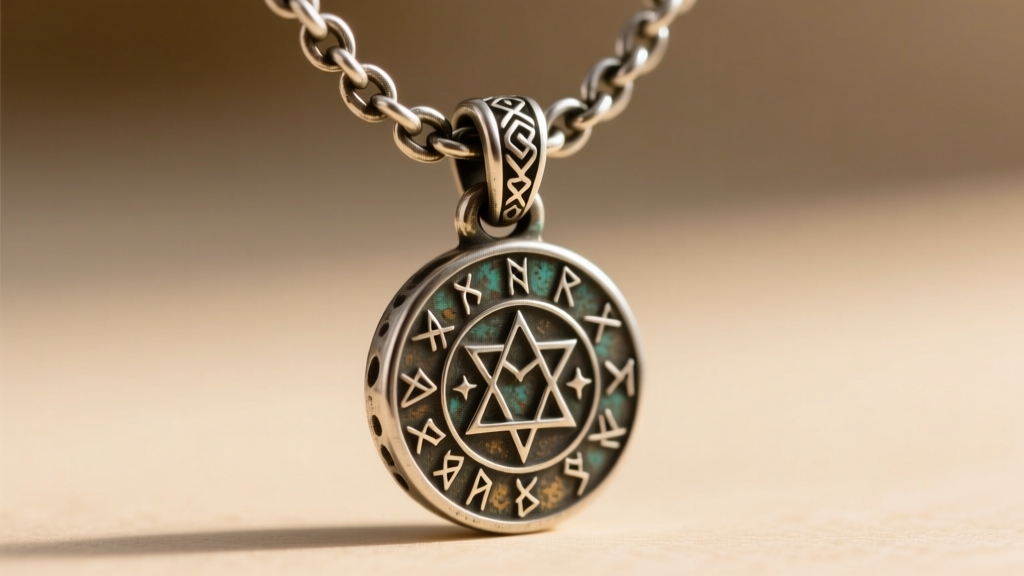 Detailed shot of a 2.5mm oxidized silver curb chain threading through the bail of an antiqued supernatural talisman necklace.