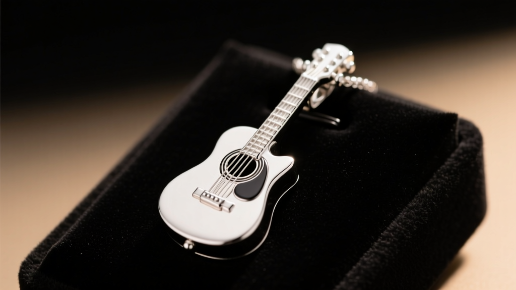 Close-up of polished 925 sterling silver acoustic guitar pendant resting on a black velvet display pad under warm studio lighting