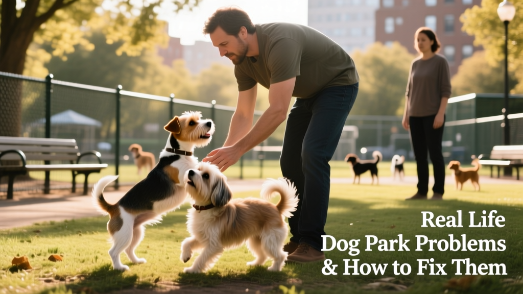Small dog attempting to mount another small dog at a fenced dog park, with owner stepping in calmly