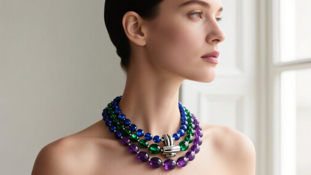 Side profile of a woman wearing a heavy multi-strand gemstone bead necklace fastened with a secure platinum screw barrel clasp