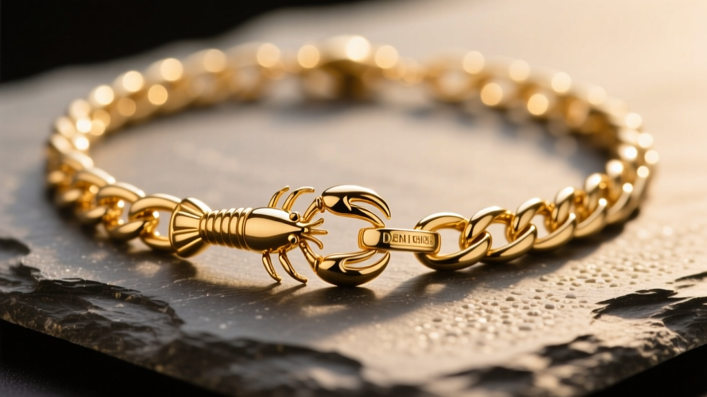 Macro view of demi-fine gold vermeil necklaces on slate, showing a detailed lobster clasp and thick links in warm light.