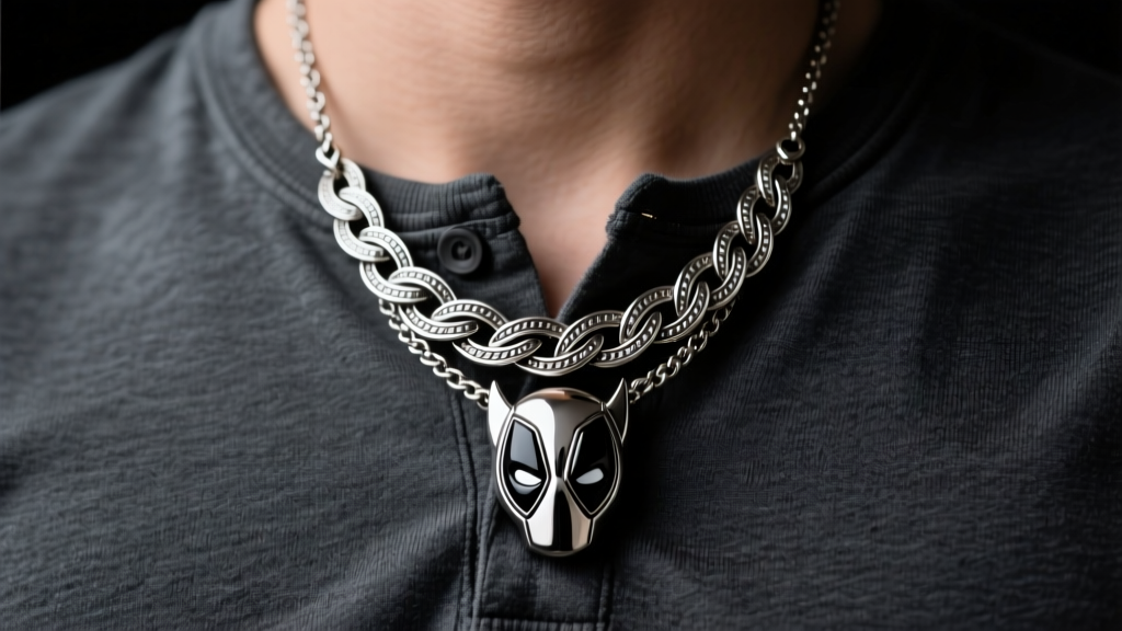 Close-up of a layered stainless steel Deadpool and Wolverine necklace over a dark grey henley shirt under soft studio lighting.