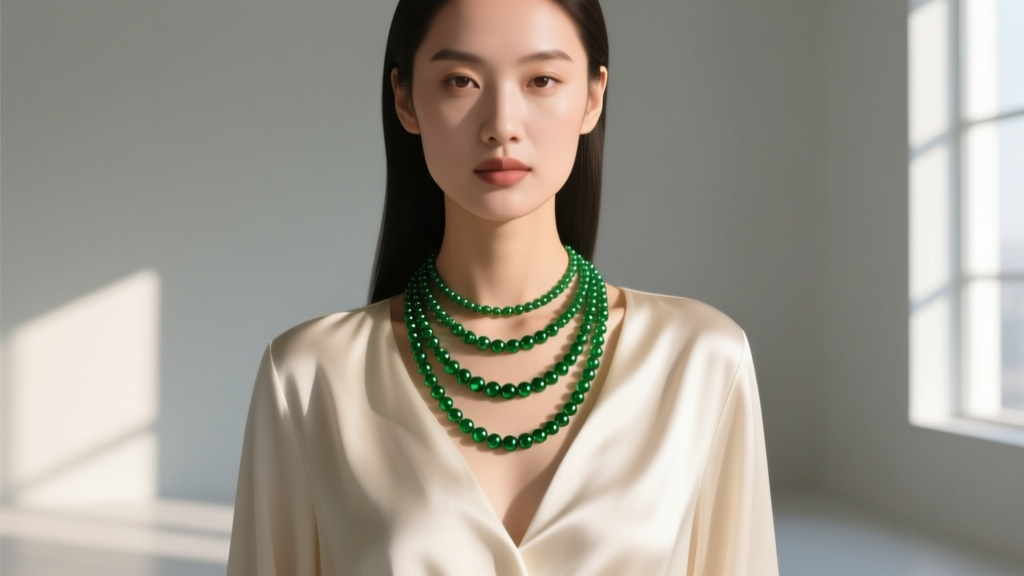 Woman wearing layered 4mm and 8mm emerald bead necklaces over a cream silk blouse, lit by soft, warm natural window lighting.