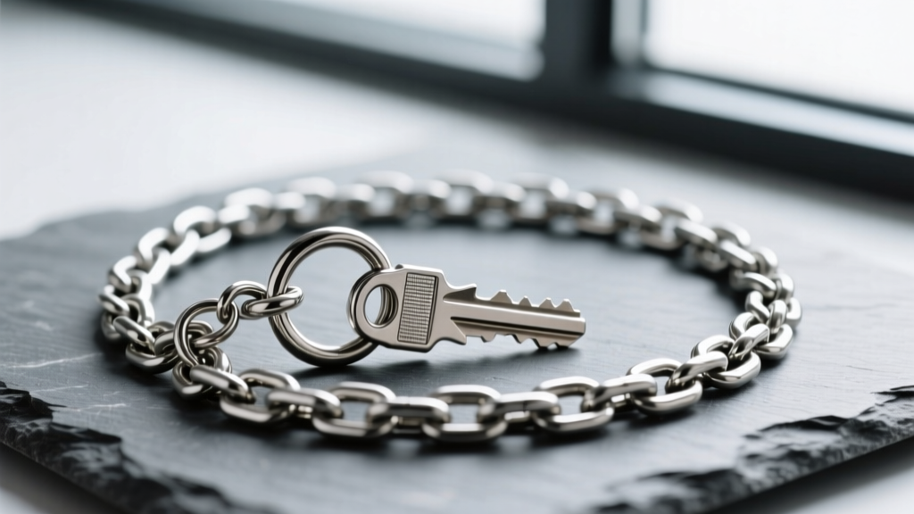 Macro shot of a steel keychain necklace on slate, highlighting the heavy swivel clasp and thick curb chain links.