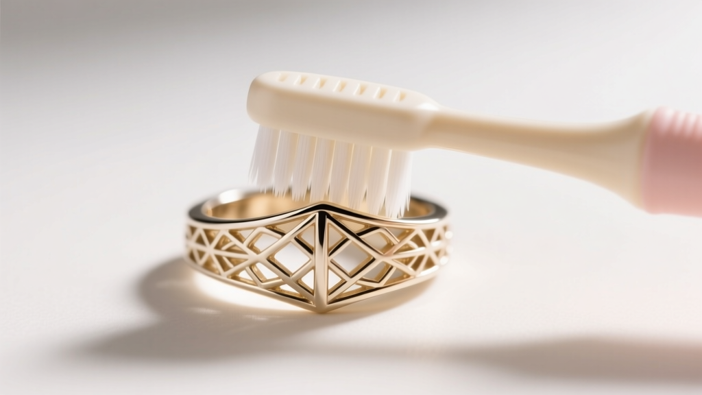 A soft baby toothbrush gently cleaning the intricate filigree of a white gold Art Deco ring under warm, focused studio lighting