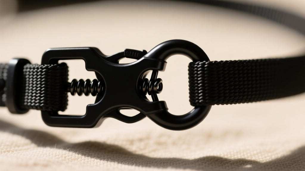Close-up of a black plastic breakaway clasp on a chew necklace cord, showing the interlocking mechanism right before it releases.