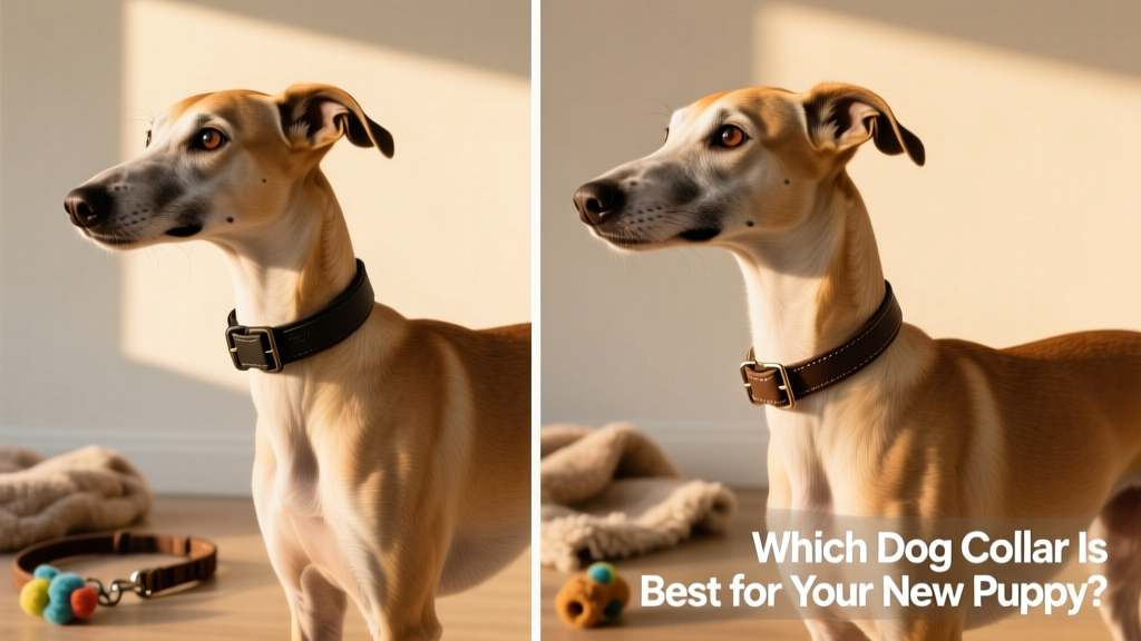 Side-by-side comparison showing a martingale collar properly fitted high on a whippet's neck versus a standard collar slipping off