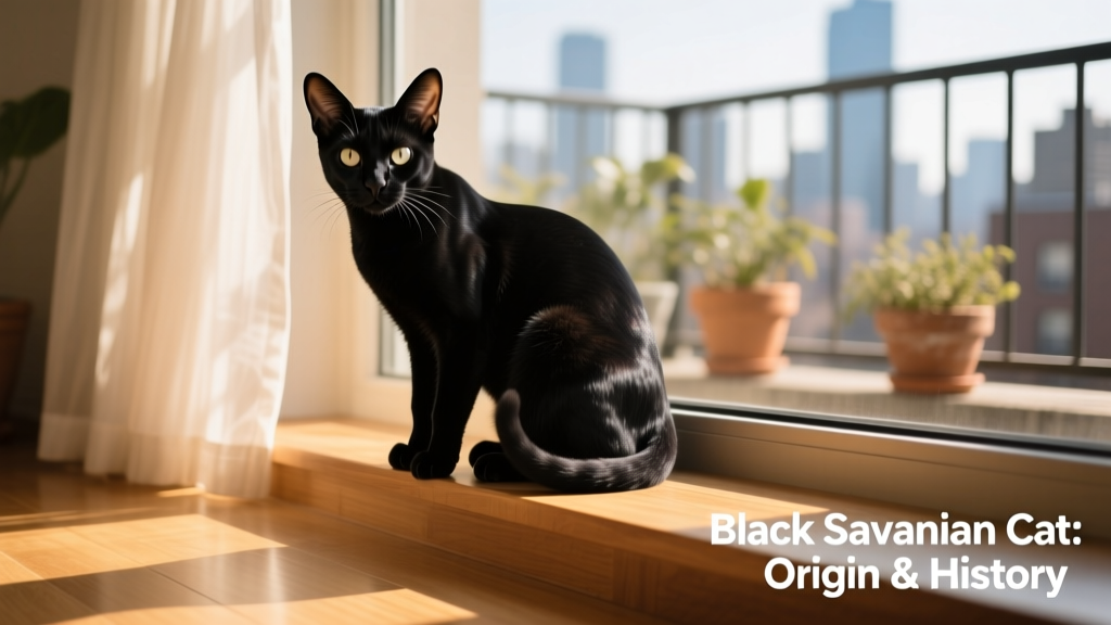 A black Savannah cat sitting alertly on a sunlit windowsill, showcasing its lean build, large ears, and glossy black coat