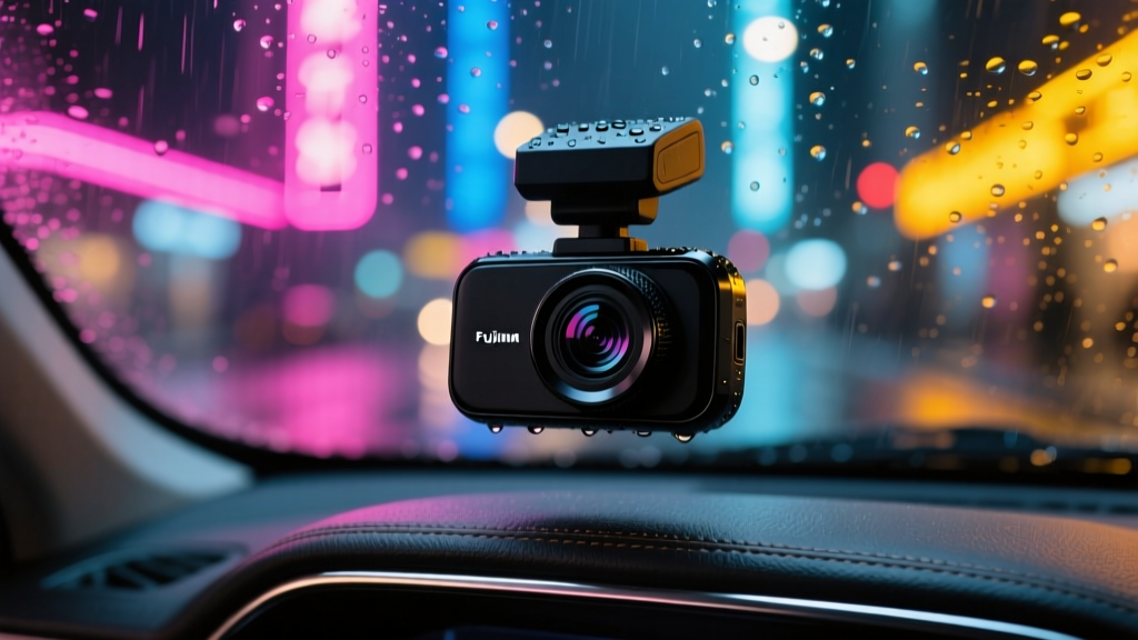 Close-up of a sleek, modern smart dash cam mounted on a windshield, recording a rainy neon-lit city street at night.