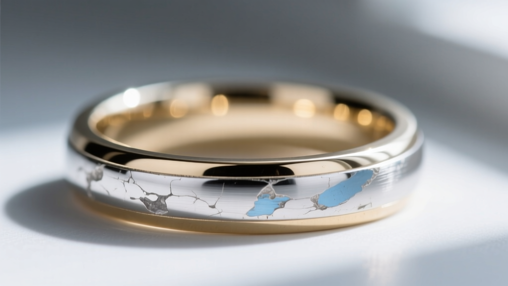 Macro shot of a scratched 14k white gold wedding band under a loupe, revealing dull micro-abrasions on the rhodium plating.