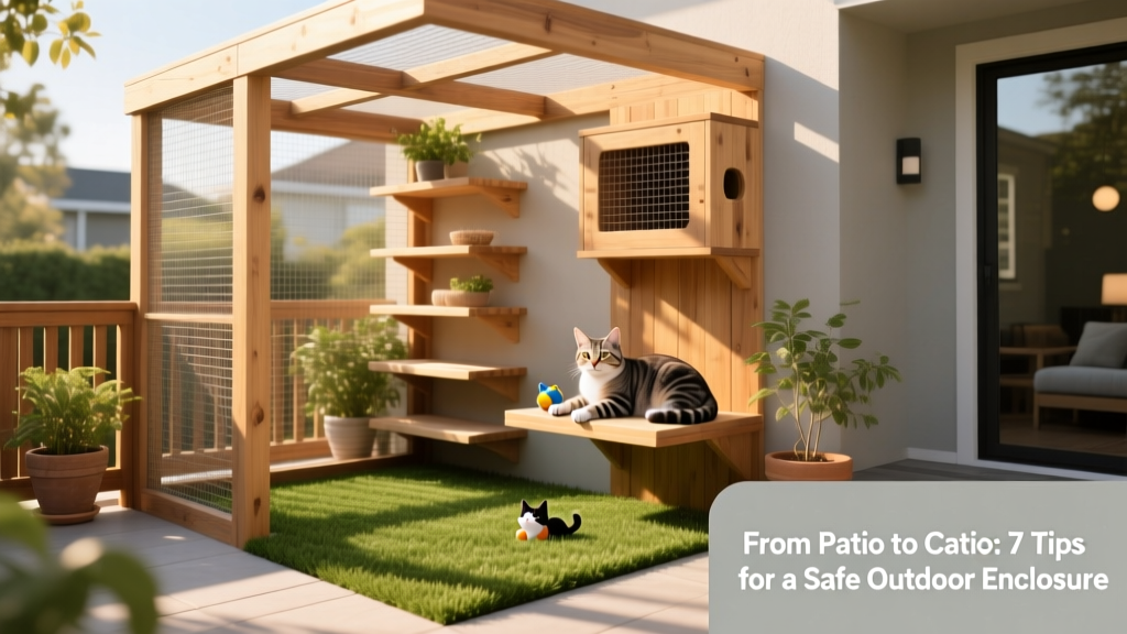 A sunny, well-built catio attached to a home’s patio, with climbing shelves, grassy flooring, and mesh screening
