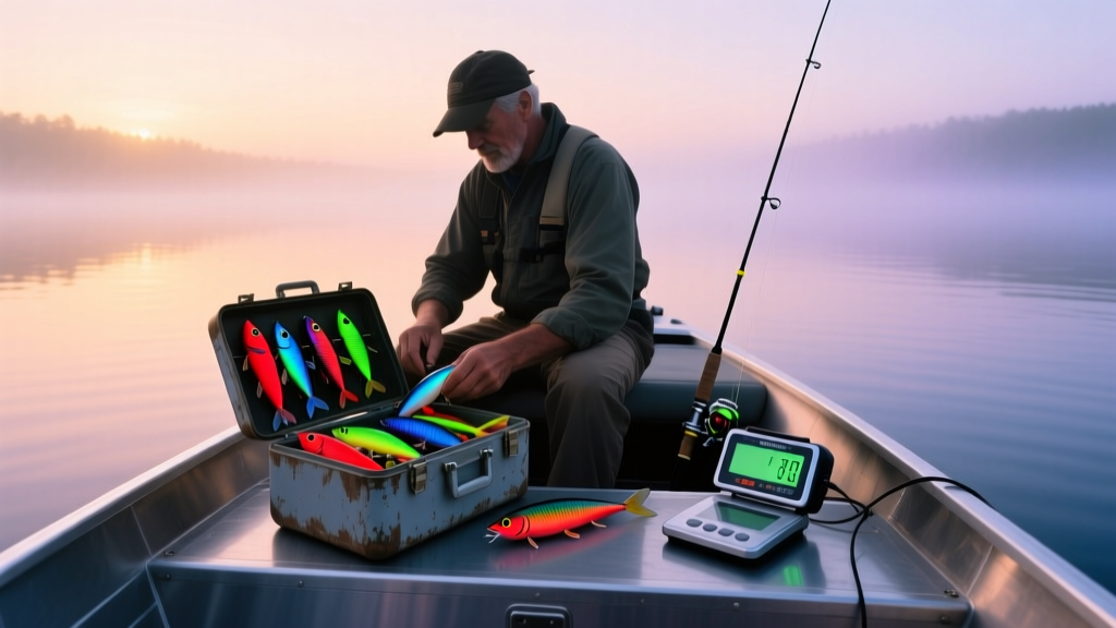 Angler standing on a misty aluminum bass boat at dawn, organizing a tackle box filled with colorful lures, a castable sonar, and digital scales