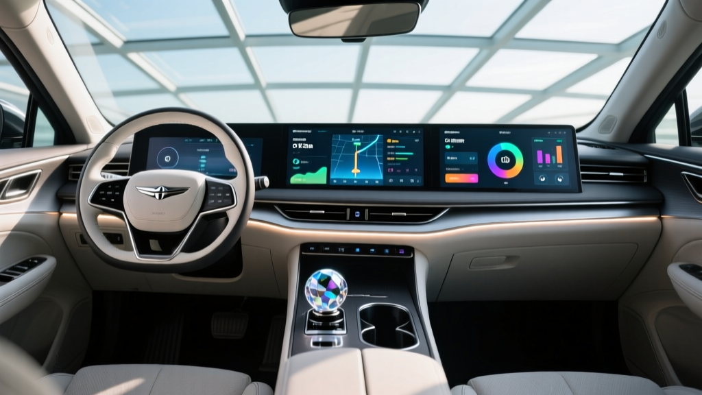 Genesis Electrified GV60 interior dashboard featuring the rotating Crystal Sphere shifter and dual panoramic displays