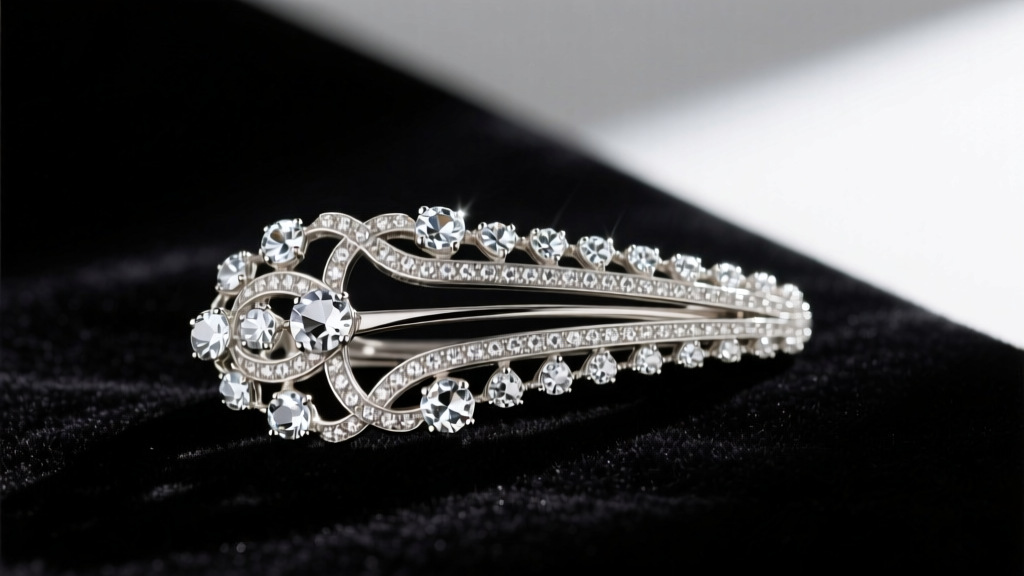 Close-up of a 1940s Eisenberg Original sterling silver fur clip featuring intricate pavé Austrian crystals against dark velvet.