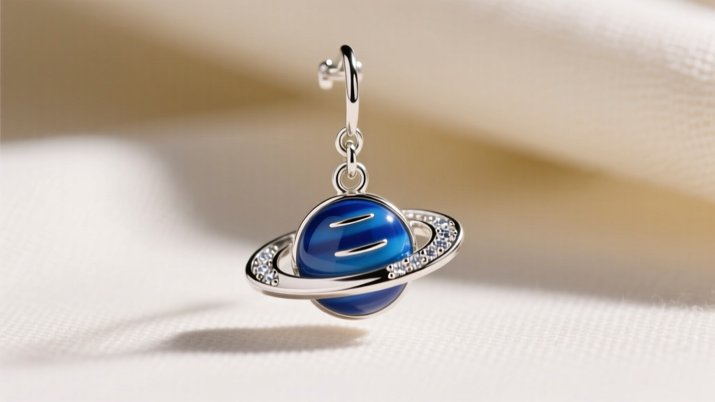 Macro shot of sterling silver saturn dangle earring with a tiny blue enamel planet and cubic zirconia halo, softly lit