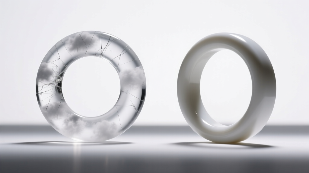 Side-by-side comparison of a cloudy scratched acrylic hoop and a pristine flexible PTFE clicker ring under bright studio lights.