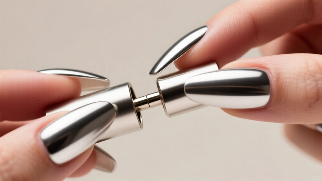 Silver magnetic converter snapping together via fingers with long coffin acrylic nails under soft, diffused studio lighting.