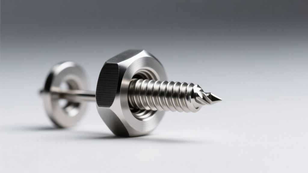 Extreme close-up of a titanium earring screw back nut being aligned onto an 18-gauge threaded post under bright studio lighting