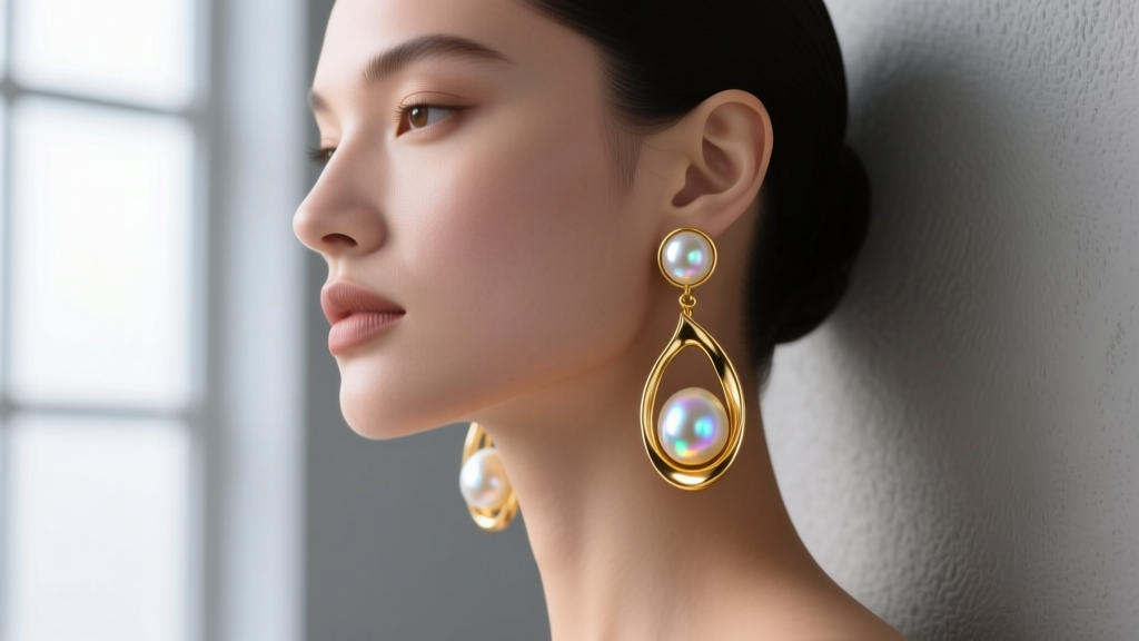 Editorial fashion shot of a model wearing 18k gold baroque pearl dangle earrings, soft studio lighting highlighting pearl luster.