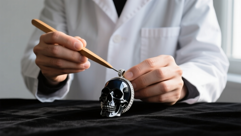Jeweler using a wooden pusher to tighten a sterling silver bezel wall around a heavy carved onyx skull memento mori pendant.