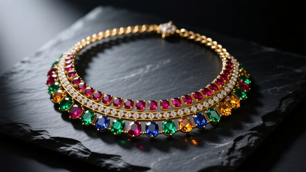 Navaratna choker layered with 14k gold chain on dark slate, featuring dramatic, moody shadows and high-contrast studio lighting.