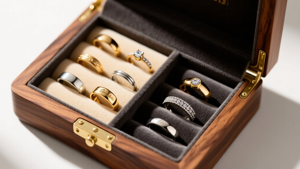 Overhead view of an open walnut jewelry box for rings, featuring velvet slots holding various gold and silver bands